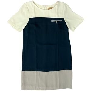 Anthropologie Kachel Gray Ivory Navy Sheath Short Sleeve Scoop Neck Dress Size 2
